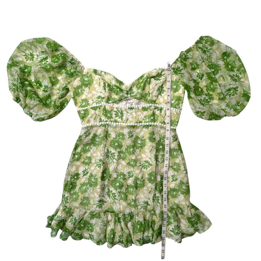 Hello Molly Drinking Games Dress Green Floral Puff Sleeve Mini Cutout Size 8 - Picture 11 of 13